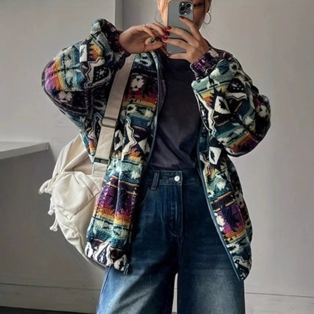 Forever 21 Fall Winter Casual Warm Ethnic Print Fleece Zip Jacket